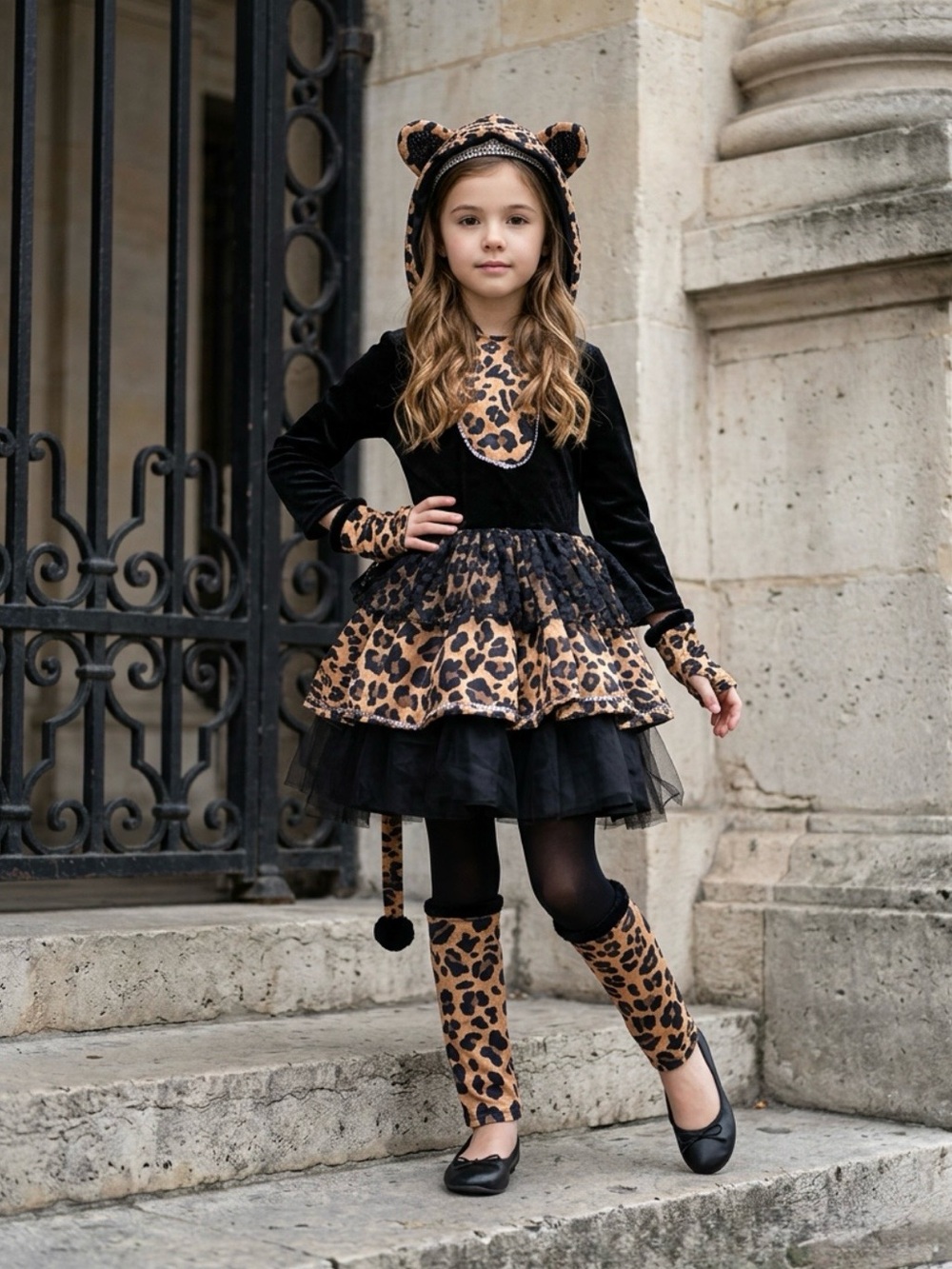 Girls Leopard Cat HalloCostume Dress with Hood, fingerless gloves and Leg Warmer